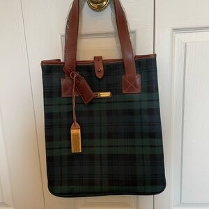 NEW Polo by Ralph Lauren Vintage Plaid Blackwatch Leather Canvas Tote Bag